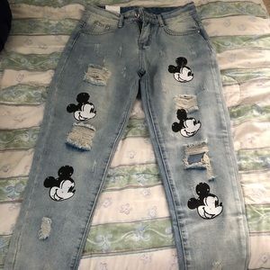 NWT Denim Distressed Mickey Mouse Jeans.